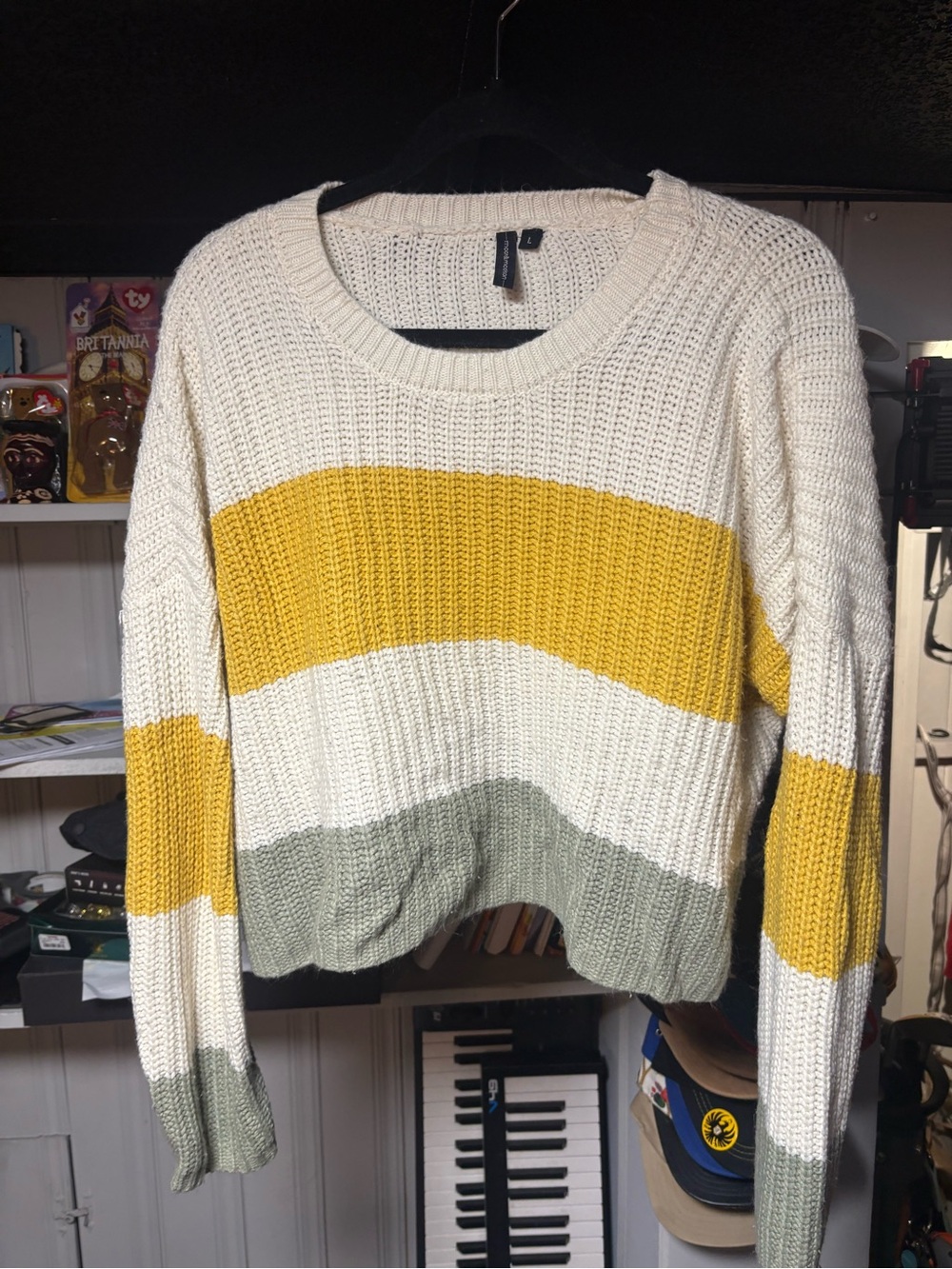 moon & madison Cream, Mustard & Sage Striped Crew Sweater
